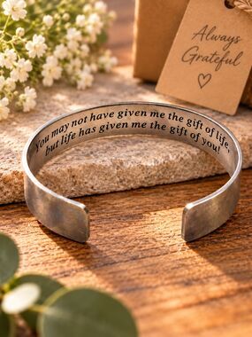 Inspirational Silver Tone Cuff Bracelet Gift of Life Gift of You Engraved Hearts